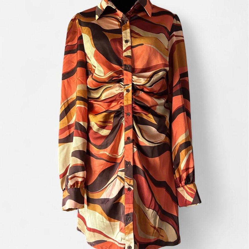 Hyfve Orange Brown Abstract Swirl Satin Shirt Dress Size L Retro 70s